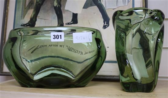 Two Whitefriars green glass vases